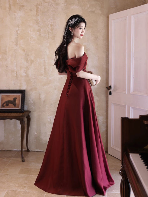 Wine Red A-line Satin Off Shoulder Party Dress, Satin Floor Length Evening Dress